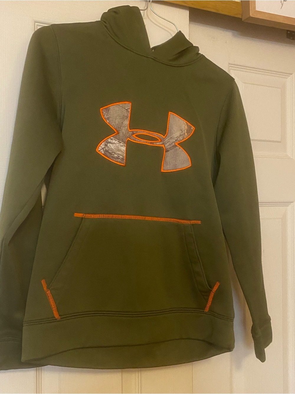 Under Armour Olive Green Hoodie with Orange Trim and Camo Lining